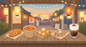屋台のカウンターに並ぶハットグ、トッポギ、チーズボール、クロッフル、アインシュペナーのイラスト