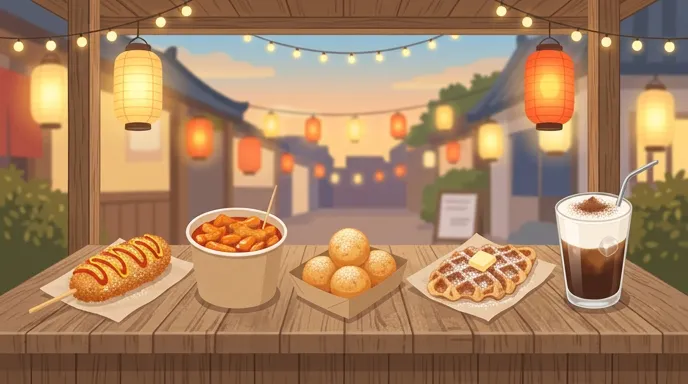 屋台のカウンターに並ぶハットグ、トッポギ、チーズボール、クロッフル、アインシュペナーのイラスト