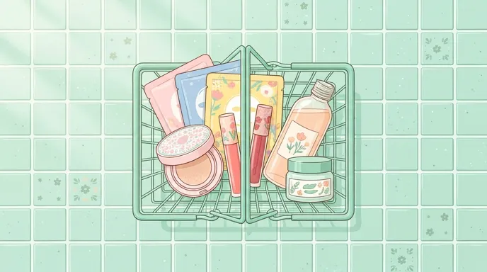 シートマスクやクッションファンデ、リップティントが入った買い物かごのイラスト