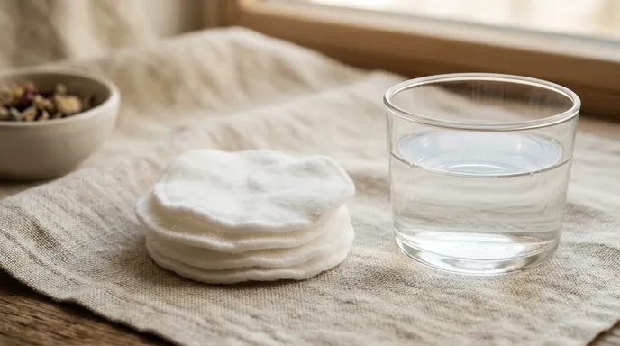 麻の布の上のコットンと水の入ったガラス