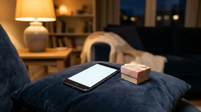 夜のソファのクッションの上に置いたスマホと小さな箱