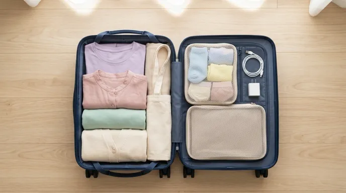 明るい木の床の上で、きれいに詰められた機内持ち込みスーツケース