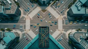 交差点を真上から見た街と、抽象的な地図風の画面のスマートフォン