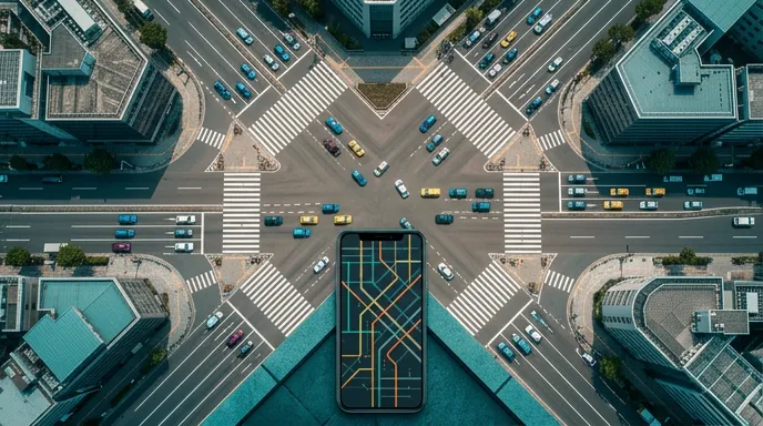 交差点を真上から見た街と、抽象的な地図風の画面のスマートフォン
