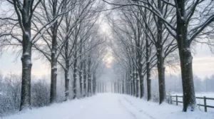 雪の積もった並木道と、やわらかな冬の光
