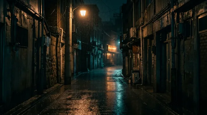 雨に濡れた夜の路地と、ぼんやり灯る街灯