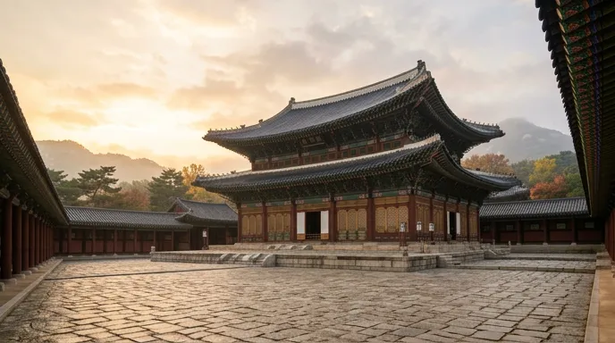 韓国の伝統的な宮殿の屋根と、夕暮れの空