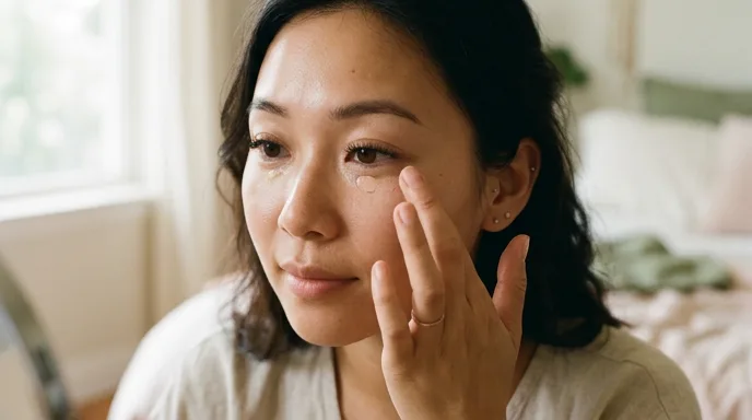 目の下にコンシーラーをのせる女性