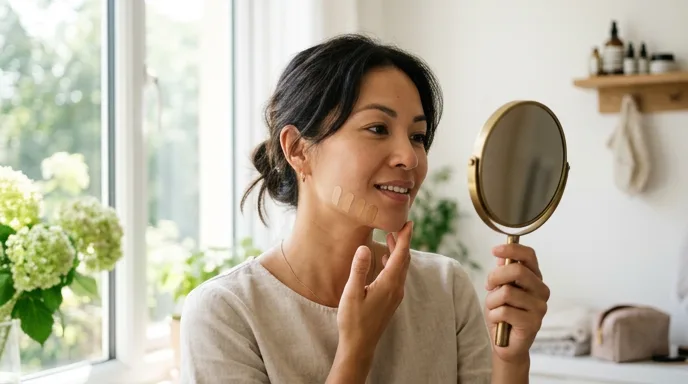 あご先でファンデーションの色を試す女性