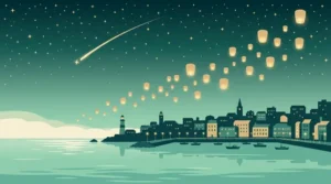 夜の街に流れ星とランタンが浮かぶイラスト