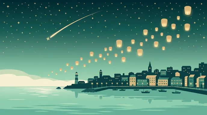 夜の街に流れ星とランタンが浮かぶイラスト